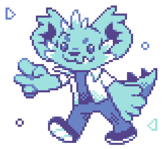 A pixel-art piece, enlarged by 800%, of Tory Schulz's mascot that uses a limited palette of teal, pale denim blue, dark purple, and white.